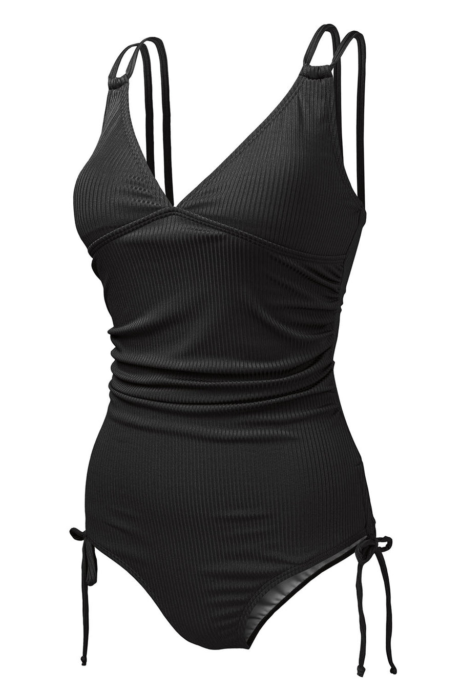 Black Adjustable Straps Ribbed Knit Backless One Piece Swimsuit