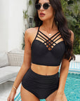 Black Strappy Neck Detail High Waist Swimsuit