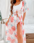 White Floral Print Lace Splicing Knot Front Beach Cover Up