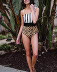 Leopard Striped Colorblock Asymmetrical Sleeveless One Piece Swimsuit