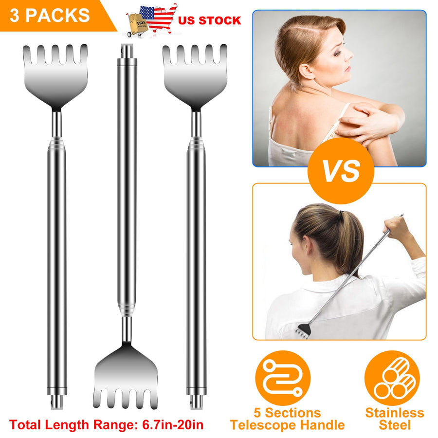 3pcs 20" Telescopic Back Scratcher Stainless Steel Extendable Bear Eagle Claw Massager