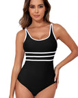 Black Contrast Trim U Neck Adjustable Strap One Piece Swimwear