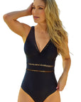 Black Sexy Lattice Plunge One Piece Swimsuit