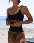 Black Leapard Print Contrast High Waist Bikini Set