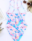 Pink Floral Print Knot High Waist One Piece Swimsuit