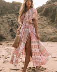 Red Boho Print Deep V Kimono Sleeves Beach Dress With Split