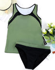 Green Patchwork Casual U Neck Tankini Swimsuit