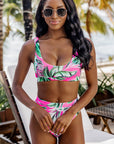 Women Swimsuit Rose Tropical Scoop Neck Ribbed High Waist Bikini Set Two Piece High Waisted Print Bathing Suit