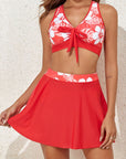 Fiery Red 3pcs Flower Printed Crossed Top and A Line Skirt Bikini Set