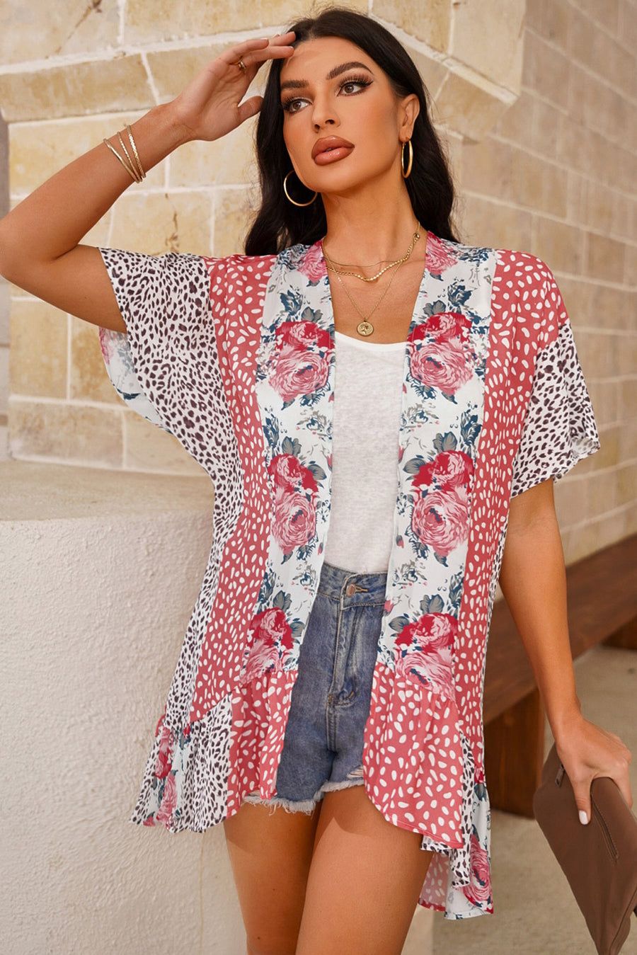 Wild Rose Bohemian Floral Animal Print Kimono Cover Up