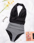 Black Retro Stripe V Neck Backless Halter One Piece Swimsuit