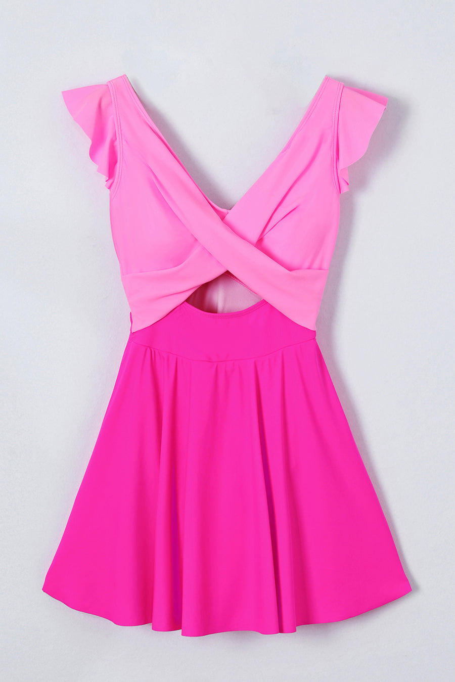 Bright Pink Cut Out Ruffle Crossed One Piece Swimdress