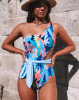 Light Blue Sexy Asymmetric Cutout Belted One Piece Swimsuit