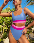 Light Blue Colorblock High Waisted Bikini Swimsuit