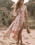 Red Boho Print Deep V Kimono Sleeves Beach Dress With Split