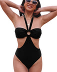 Black Sexy O Ring Ruched Bust Halter Monokini