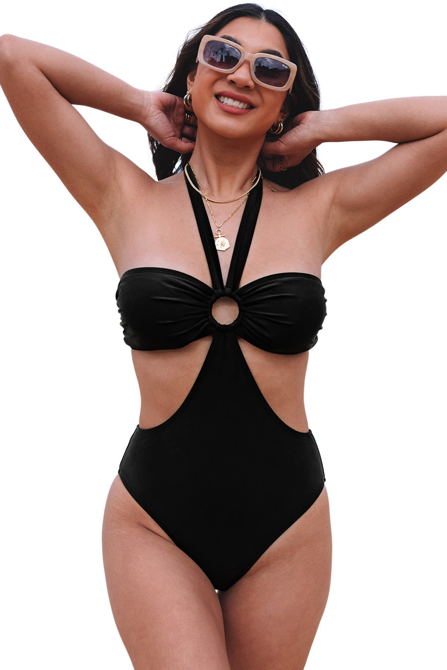 Black Sexy O Ring Ruched Bust Halter Monokini