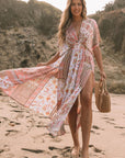 Red Boho Print Deep V Kimono Sleeves Beach Dress With Split