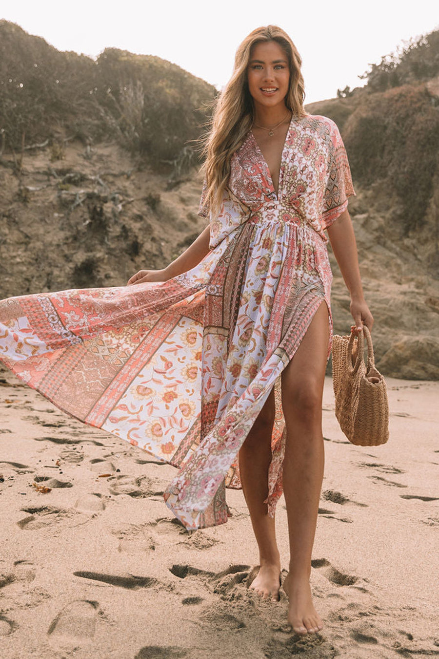 Red Boho Print Deep V Kimono Sleeves Beach Dress With Split