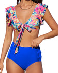 Dark Blue Sexy Deep V Neck Tie Ruffles High Waisted Bikini Set- Free Shipping