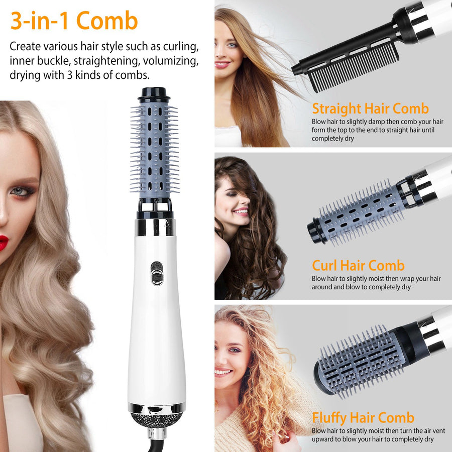 3 In 1 Hot Air Brush One-Step Hair Dryer Comb 3 Interchangeable Brush Combs Volumizer Hair Curler Straightener 66.93in Rotatable Cable w/ 3 Heating Ad