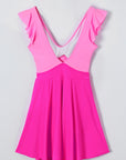 Bright Pink Cut Out Ruffle Crossed One Piece Swimdress