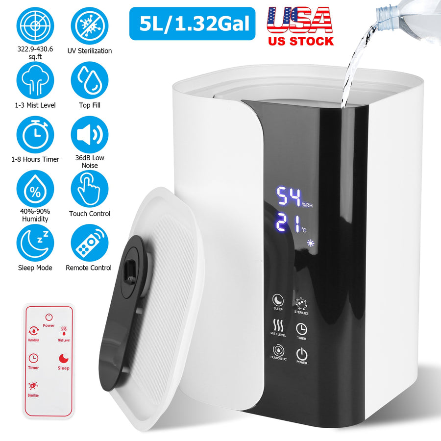 5L/1.32Gal Humidifiers Top Fill Cool Mist Humidifier with Essential Oils Diffuser Filter 360° Rotatable Outlet Nozzle 1-8 Hours Timer 1-3 Level Mist 4