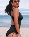 Black Adjustable Straps Ribbed Knit Backless One Piece Swimsuit