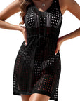 Black Crochet Hollow-out Sleeveless Drawstring Beach Dress