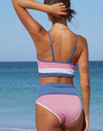 Women Striped Pink Colorblock Spaghetti Straps Ribbed High Waist Bikini Swimsuit