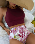 Brown Tropical Print Back Split Color Block High Waisted Swimsuit