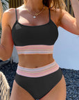 Black Striped Patchwork Spaghetti Strap High Waist Bikini Set