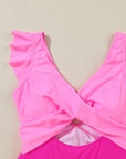 Bright Pink Cut Out Ruffle Crossed One Piece Swimdress