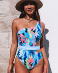 Light Blue Sexy Asymmetric Cutout Belted One Piece Swimsuit