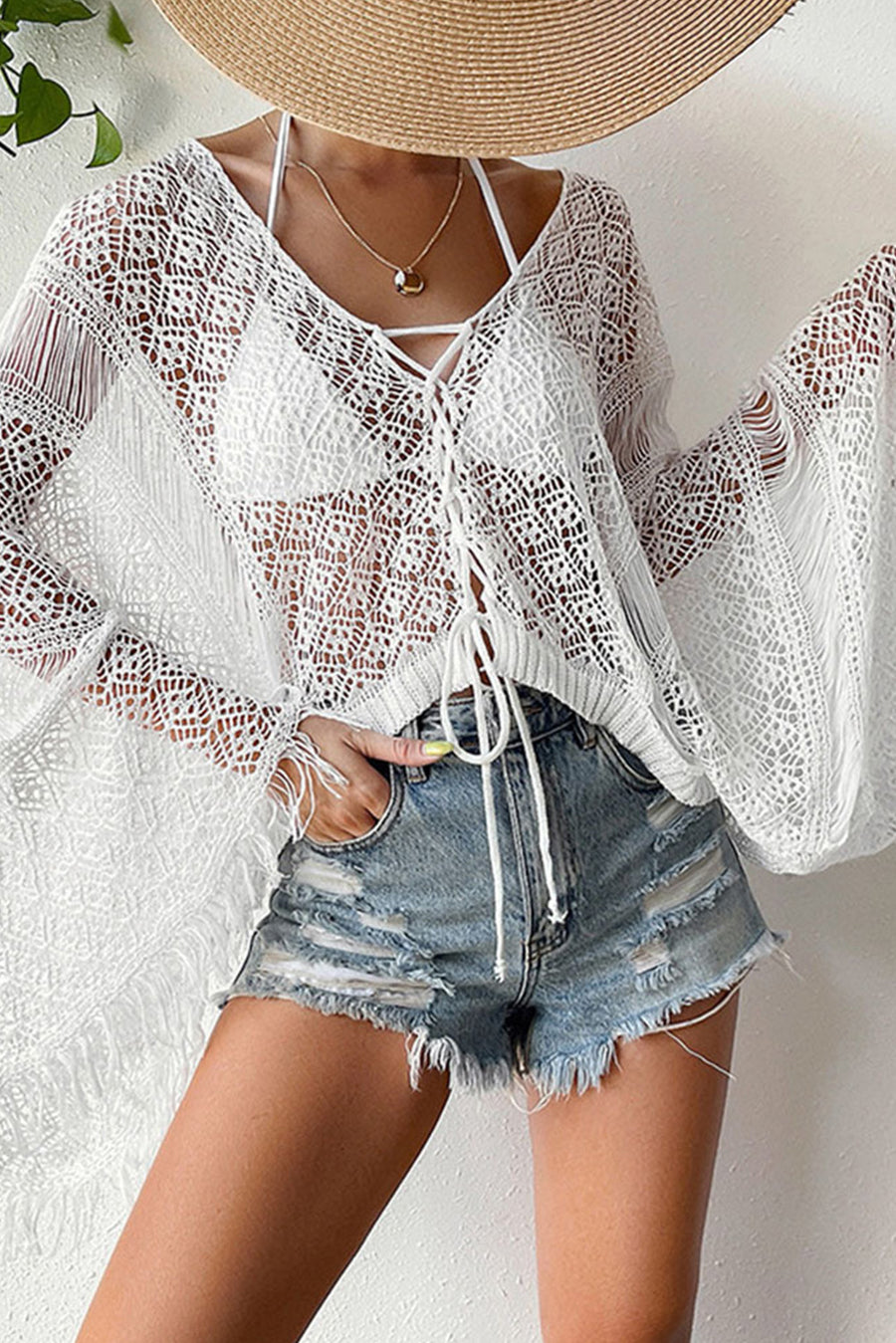 White Tassel Knot Long Flare Sleeve Cover Up