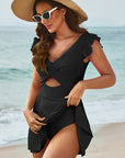 Bright Pink Cut Out Ruffle Crossed One Piece Swimdress