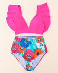 Rose V Neck Ruffles Floral Print High Waist Two Piece Swimsuit