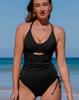 Black Ribbed Sexy Cutout One Piece Swimsuit