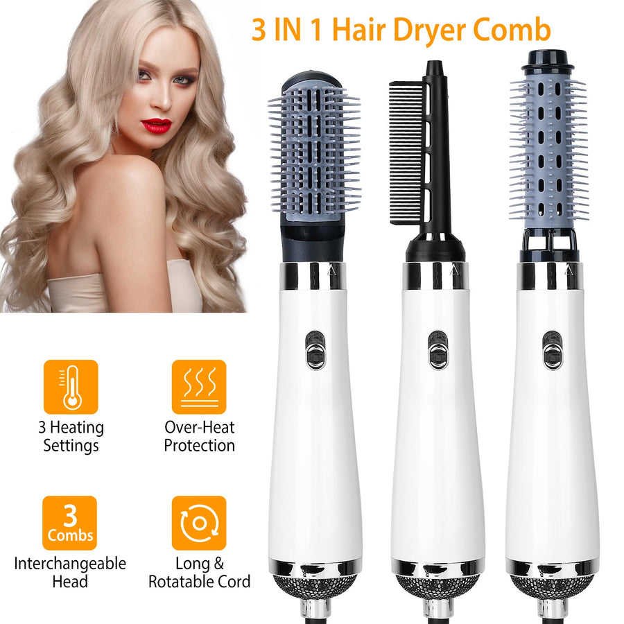 3 In 1 Hot Air Brush One-Step Hair Dryer Comb 3 Interchangeable Brush Combs Volumizer Hair Curler Straightener 66.93in Rotatable Cable w/ 3 Heating Ad