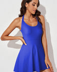 Blue Strappy Halterneck Skirt Style One Piece Swimsuit