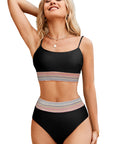 Black Striped Patchwork Spaghetti Strap High Waist Bikini Set