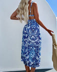 Blue 3pcs Flower Print Ruffled Bikini Set with Cover Up Skirt