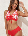 Fiery Red 3pcs Flower Printed Crossed Top and A Line Skirt Bikini Set