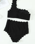 Black Sexy Scalloped Trim Asymmetrical Neck High Waist Bikini Set