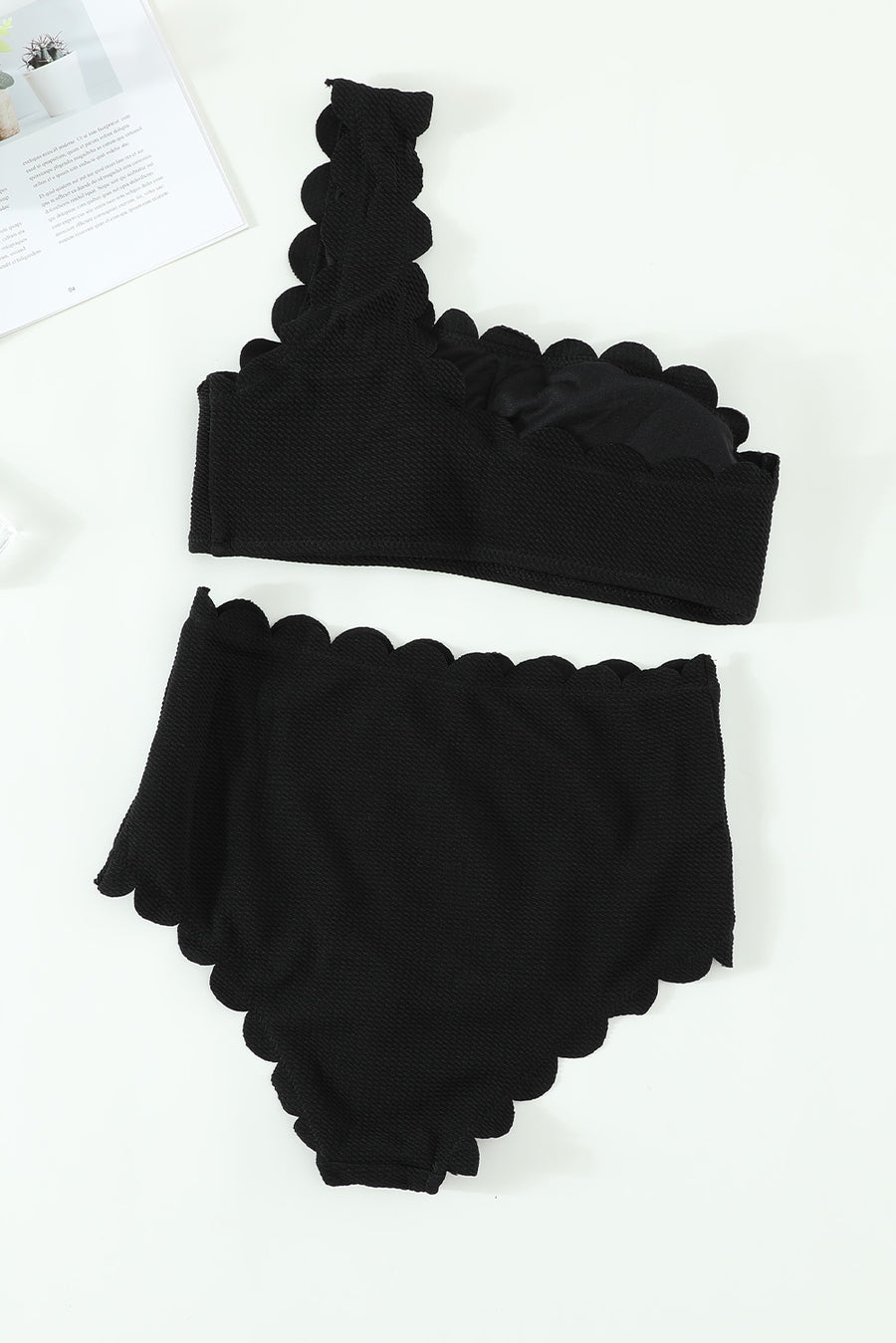 Black Sexy Scalloped Trim Asymmetrical Neck High Waist Bikini Set