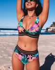 Green Tropical Floral Print Mesh Splicing Trim Bikini Swimsuit