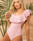 Pink Ruffle Overlapping Backless One Piece Swimwear