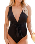 Black Deep V Neck Knot Waist One Piece Swimsuit