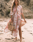 Red Boho Print Deep V Kimono Sleeves Beach Dress With Split