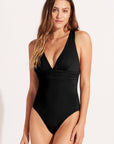 Black Deep V Neck Crossover Backless Ruched High Cut Monokini